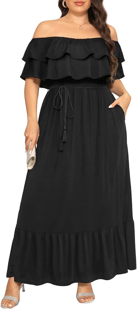 Plus Size Off The Shoulder Maxi Long Casual Layered Ruffle Beach Sundress Women Pocket 2024