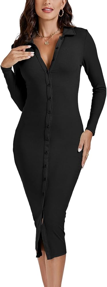 LYANER Women's Casual Ribbed Knit Button Down Collar V Neck Long Sleeve Bodycon Midi Dress