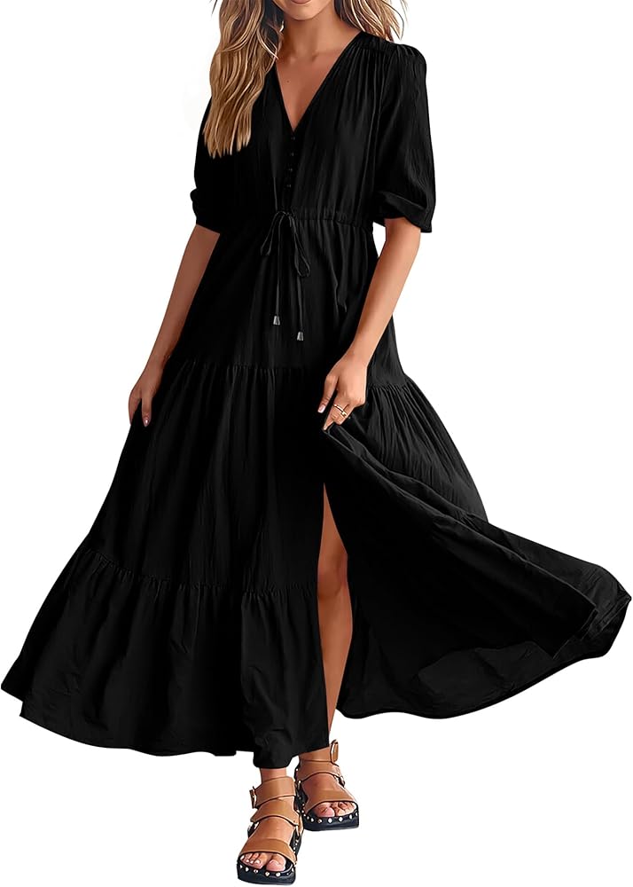 BTFBM Women Summer Dresses Short Sleeves V Neck Button Drawstring Maxi Dresses Solid Color Boho Long Dresses