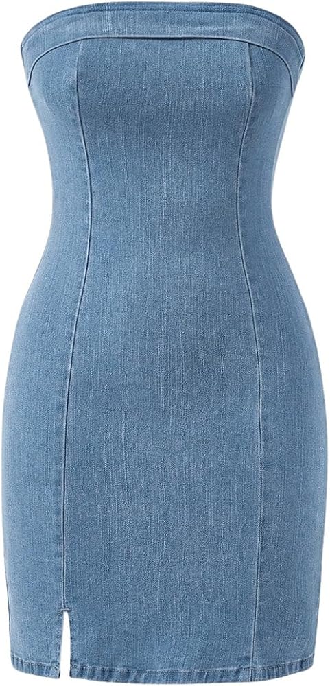 Floerns Women's Summer Strapless Tube Split Hem Bodycon Denim Dress