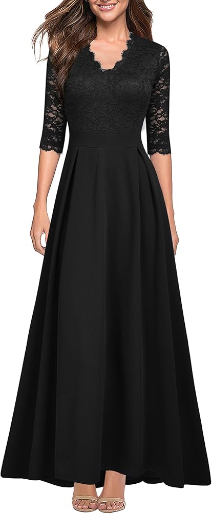 REPHYLLIS Women's V Neck Lace Vintage Formal Bridesmaid Wedding Long Dress