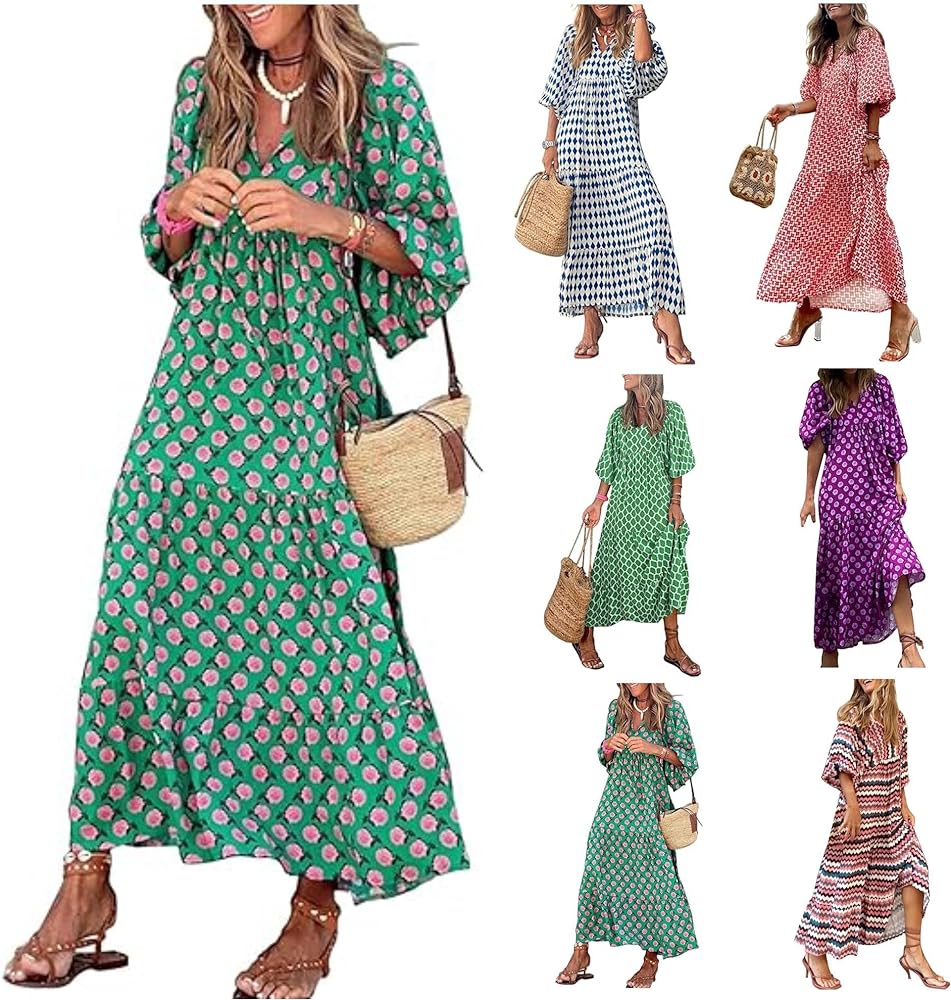 Boho Dresses for Women 2024,Women's Maxi Summer Casual Puff Sleeves V-Neck Loose Ruffle Flowy Dress Beach Long Dress