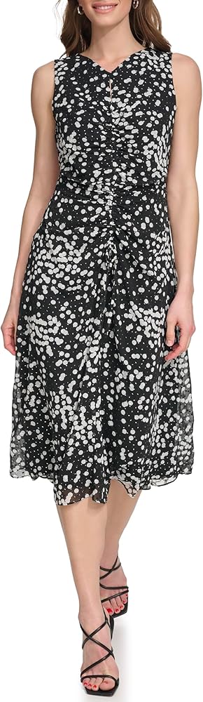 DKNY Women's Printed Front Ruched Sleeveless Dress