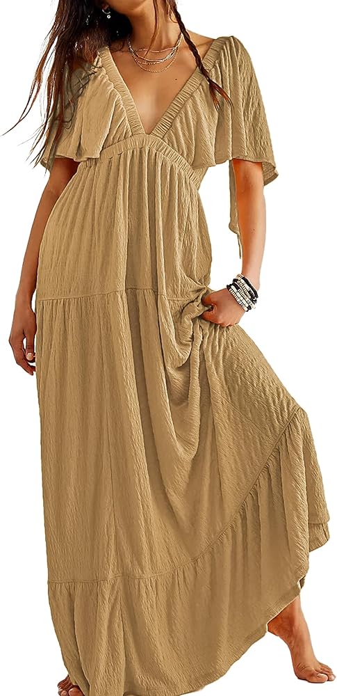 Summer Dresses for Women 2024 Sexy V-Neck Maxi Dress Tiered Silhouette with Flutter Sleeves Backless Flowy Dress