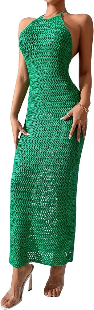 SOLY HUX Women's Summer Crochet Cami Dress Tie Back Backless Halter Bodycon Long Maxi Dresses Solid Green L