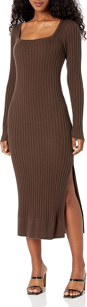 PAIGE Women's Benita Dress Long Sleeve Square Neckline below The Knee in Brown Taupe