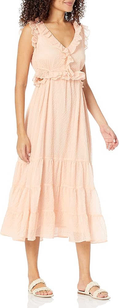 MOON RIVER Women's Ruffle Cutout Shirred Tiered Midi Dress