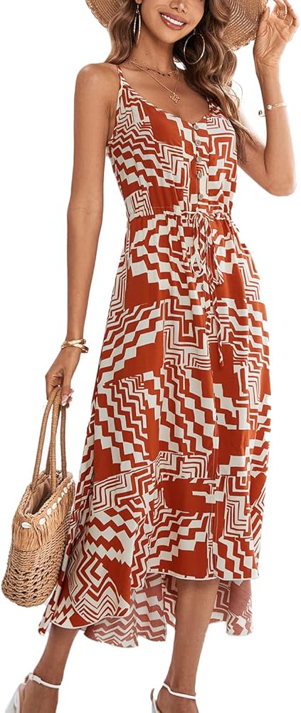 BROVAVE Women's 2024 Summer Casual Boho Sundress Polka Dot Spaghetti Strap V Neck Flowy Midi Dresses