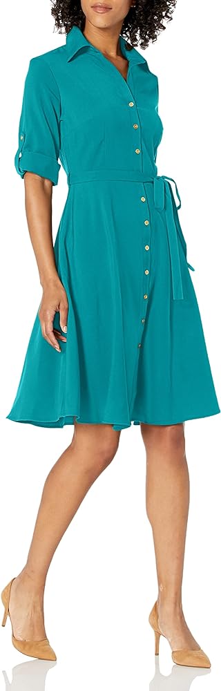 Sharagano Women's Button Front Pleated Shirt Casual Dress, Dark Teal, 10