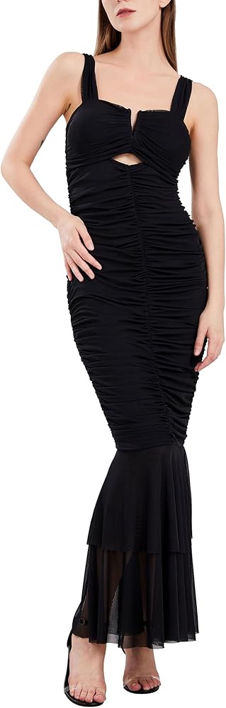 chouyatou Womens Strenchy Ruched Bodycon Cocktail Party Dress Maxi Mermaid Corset Dress Evening Gown