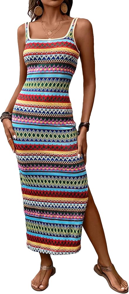 COZYEASE Women's Summer Dress Geometric Boho Split Side Square Neck Tank Dress Casual Long Beach Dress