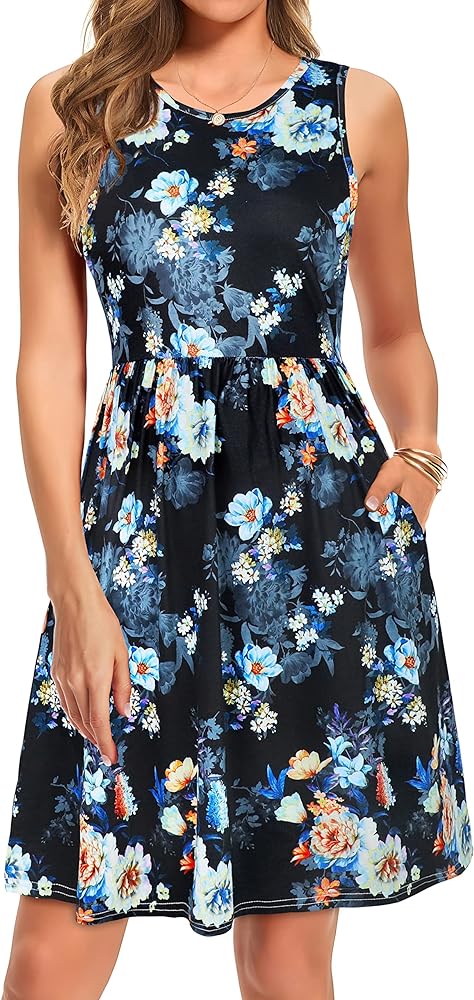 elescat Summer Dresses for Women Casual Sleeveless Tshirt Beach Flowy Tank Sundresses with Pockets