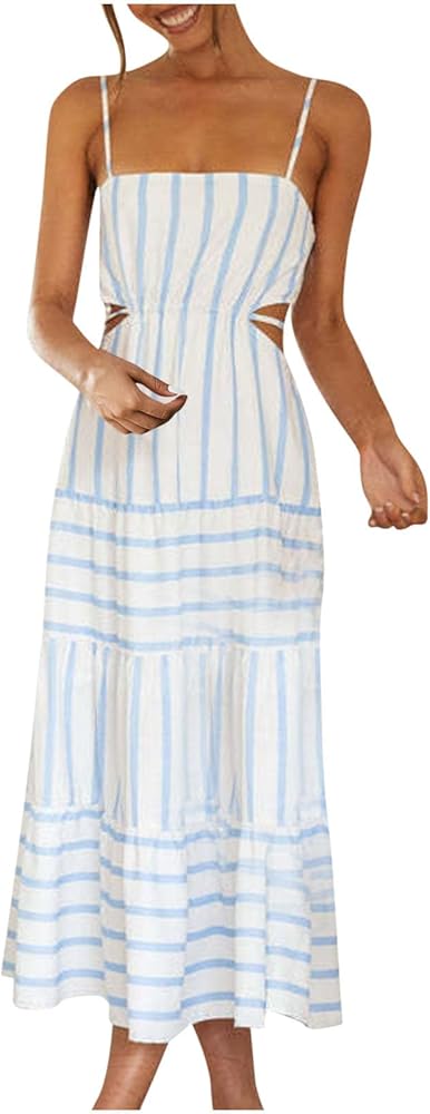 Womens Pleated Flowy Long Dress Belted A-Line Dress Summer Vacation Beach Long Dress Wedding Gueste Party Dresses