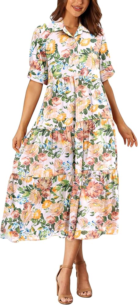 PRETTYGARDEN Summer Dress for Women Short Sleeve Button Up Ruffle A Line Flowy Maxi Dresses