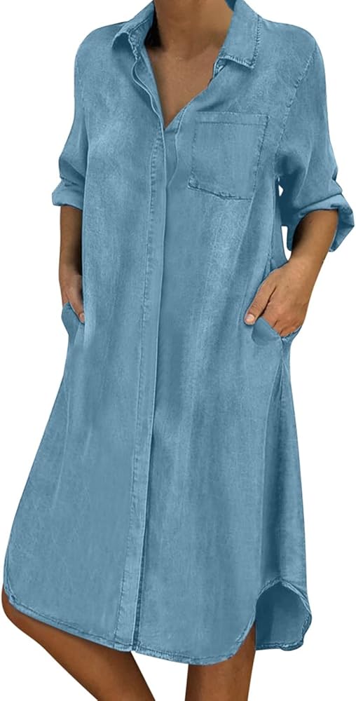 KEERADS Womens Denim Shirt Dresses with Pockets Short Sleeve Distressed Jean Dress Chambray Button Down Casual Tunic Tops