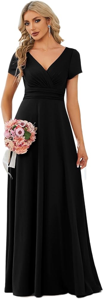 Ever-Pretty Women's Formal Dress Ruched Waist V Neck A Line Bridesmiad Dress with Sleeves 01730