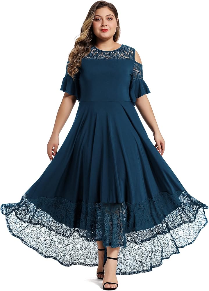 LALAGEN Womens Plus Size Lace Cold Shoulder Casual Long Plain Evening Party Maxi Dress L-5X