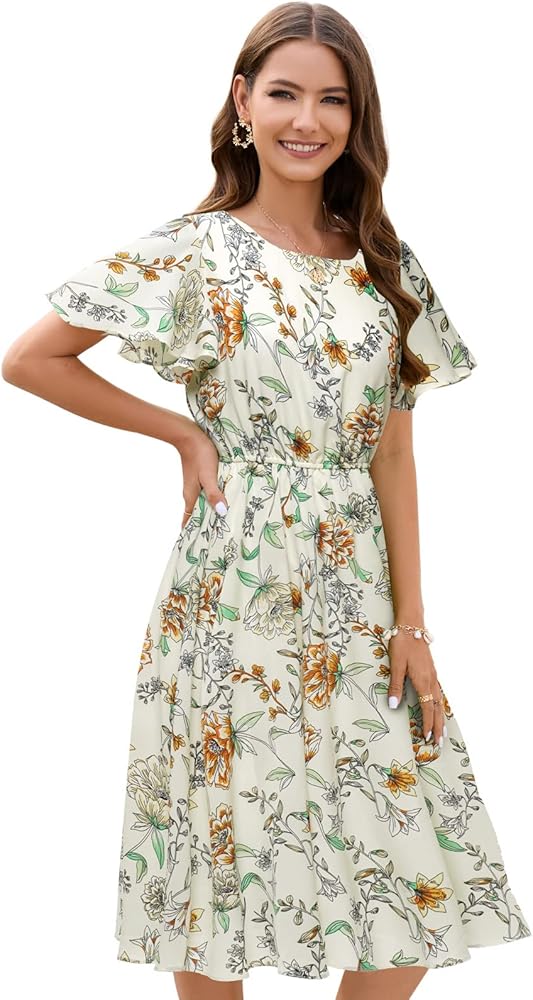 Chiffon Floral Summer Sun Beach Dresses for Women 2023 with V Neck Elastic Waist