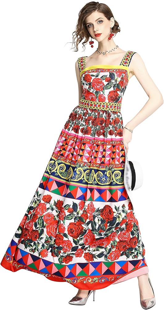 LAI MENG FIVE CATS Womens Square Neck Sleeveless Floral Print Casual A-line Beach Maxi Dress