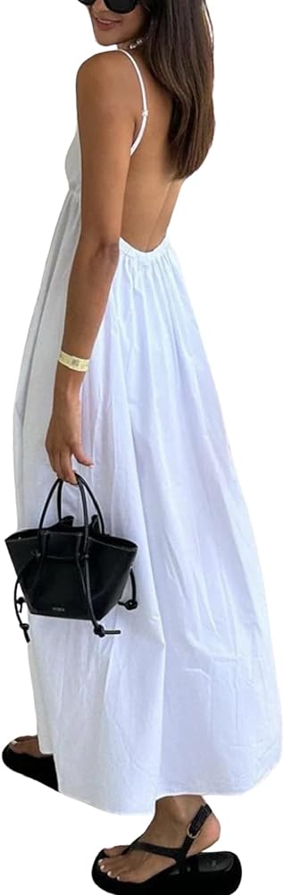 Coastal Cowgirl Open Back Long Dress, Women's Beach Dresses, Backless Straps, Long Sleeves, Summer, White