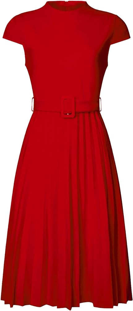 Women's Pleated Dress Mock Neck Cap Sleeve Belted A-Line Dresses