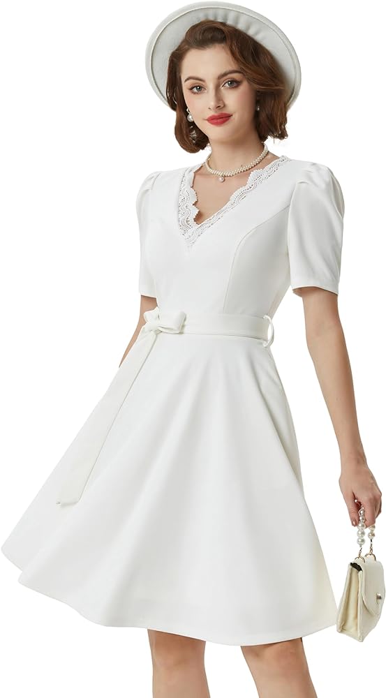 Belle Poque Summer Short Sleeve V-Neck Casual A Line Formal Tie Waist Dress with Pockets