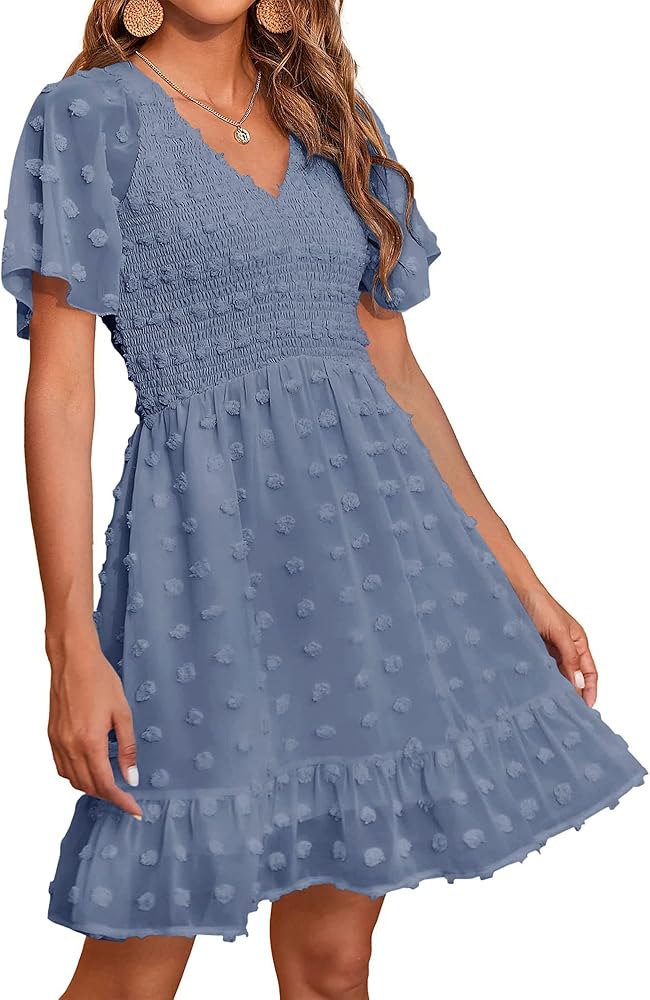 BTFBM Women's V Neck Smocked Short Sleeve Casual Dress Swiss Dot Swing Flowy Ruffle Hem Mini Beach Summer Dresses 2024