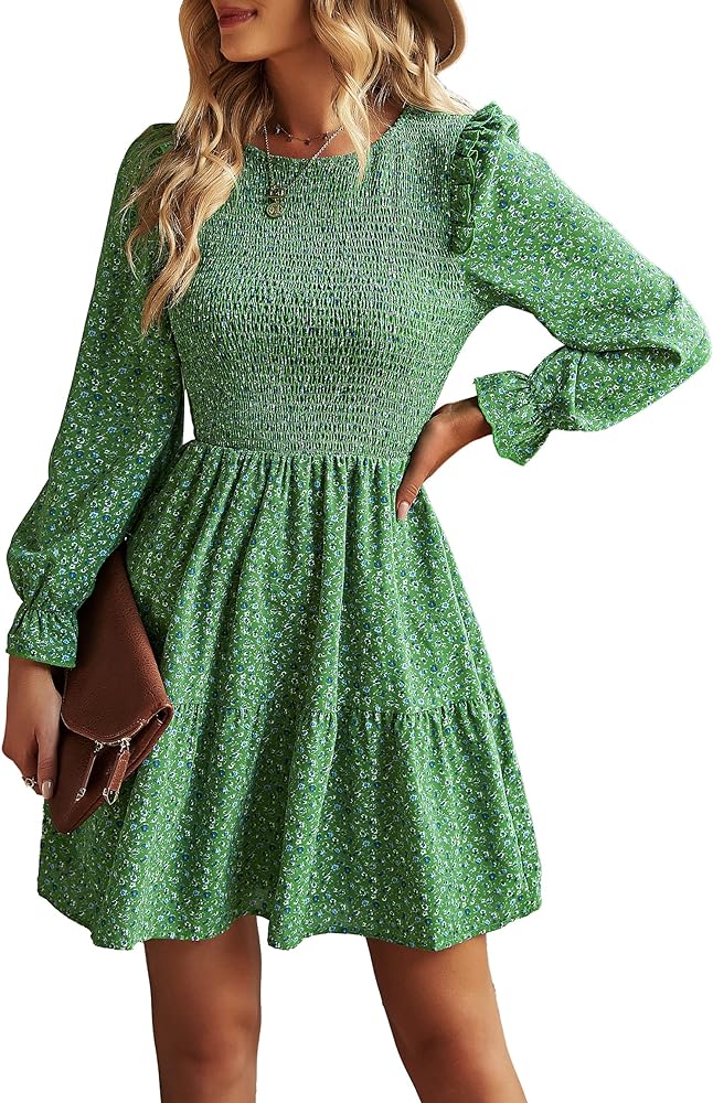 KIRUNDO Womens Fall Dresses Casual Long Sleeve Floral Dress Crewneck Smocked High Waist Ruffle A Line Flowy Mini Dress