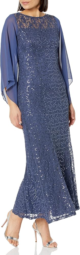 S.L. Fashions Women's Long Sequin Lace Gown with Illusion Flare Sleeves