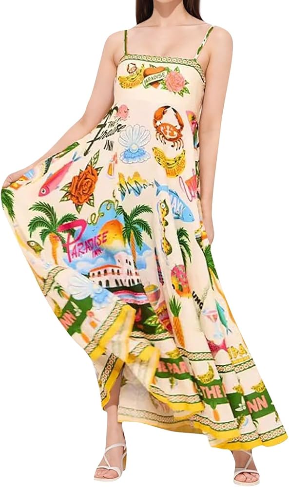 Women Cute Print Maxi Cami Dress Loose Sleeveless Spaghetti Strap Boho Dress Flowy Graffiti Long Aline Sun Dress