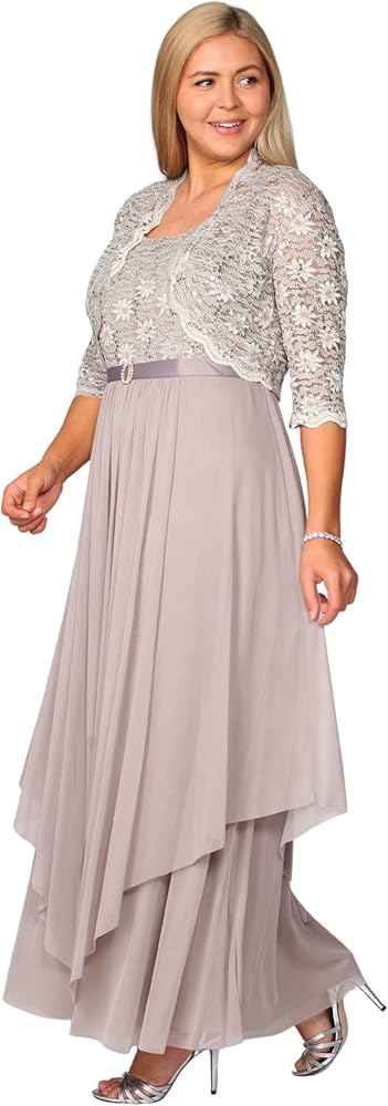 R&M Richards Long Mother of The Bride Formal Dress| Sleeveless with Matching 3/4 Sleeve Lace Jacket