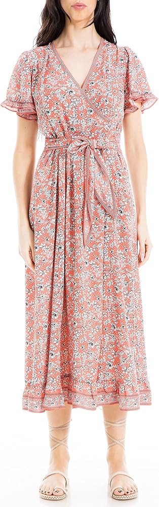 Max Studio Women's Flutter Sleeve Tie Waist V-Neck Midi Dress