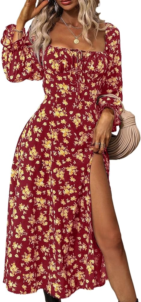 BLENCOT Women's Floral Print Puff Long Sleeve Maxi Dress Sexy Square Neck Tie Front Ruffle Hem Split A-line Beach Dresses