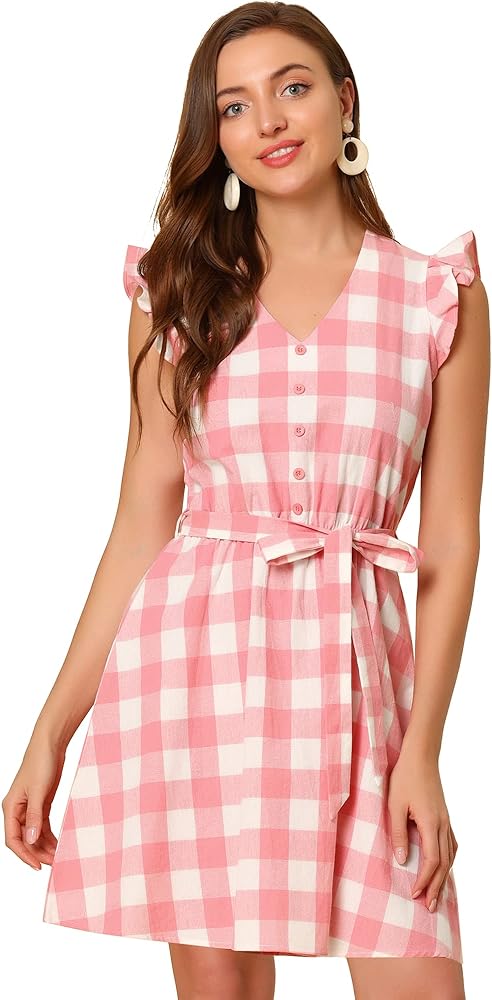 Allegra K Women's Casual Check Ruffled Sleeve Sundress A-Line Vintage Plaids Gingham Dress