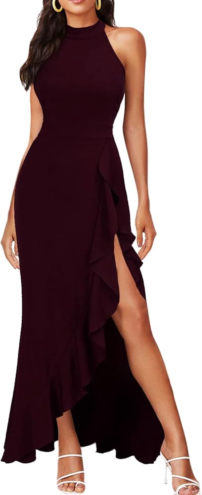 Women's High Neck Split Bodycon Mermaid Evening Cocktail Long Dress