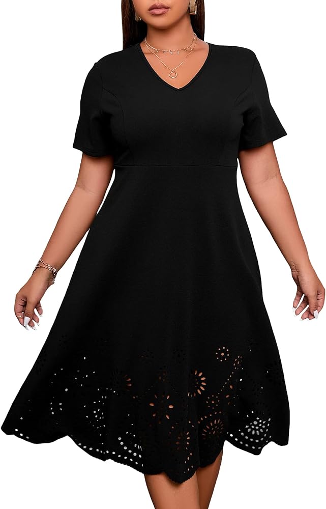 WDIRARA Women's Plus Size V Neck Scallop Trim Cut Out Short Sleeve A Line Swing Midi Dress