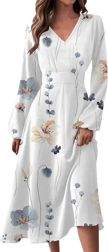 Women Dresses,Women's Floral Print Boho Dress Long Sleeve Wrap V Neck Ruffle Belted A-Line Flowy Maxi Dresses