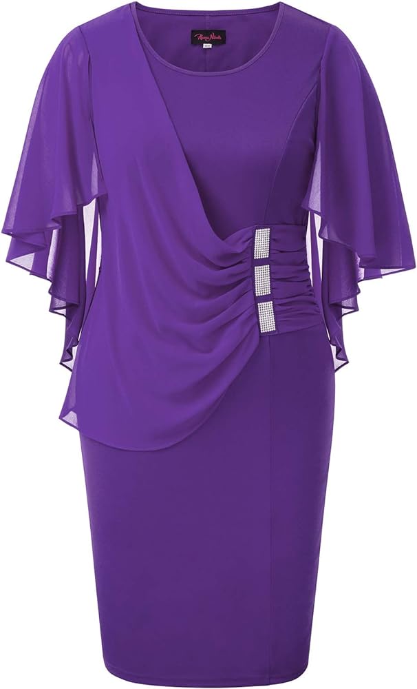 Hanna Nikole Women's Plus Size Chiffon Ruffle Flattering Cape Sleeve Bodycon Pencil Dress