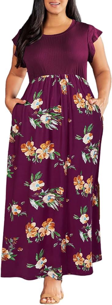 Eytino Women Plus Size Dress Boho Floral Printed Crew Neck Ruffle Sleeve Maxi Long Dresses with Pocket(1X-5X)