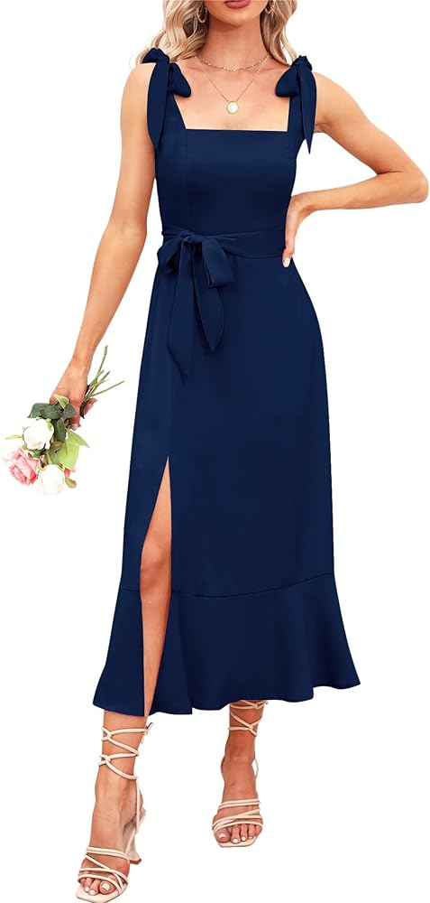 Women's 2024 Elegant Bridesmaid Dress Square Neck Ruffle Split Summer Formal Wedding Guest Evening Cocktail Party Midi Dresses - Navy Blue M