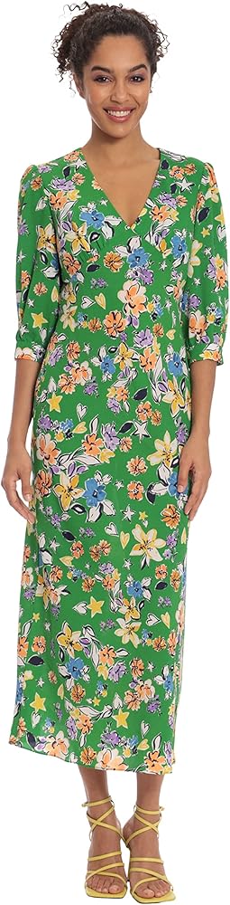 Donna Morgan Women's Floral Printed V-Neck Elbow Sleeve Midi Dress