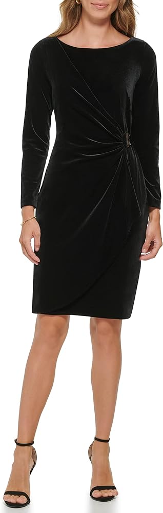 DKNY Women's Long Sleeve V-Neck Side Ruched Sheath with Hardware Dress