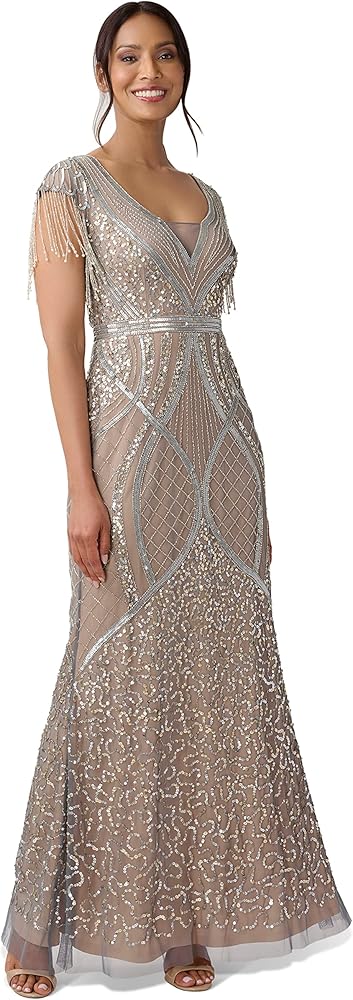 Adrianna Papell Women's Beaded Gown with Fringe