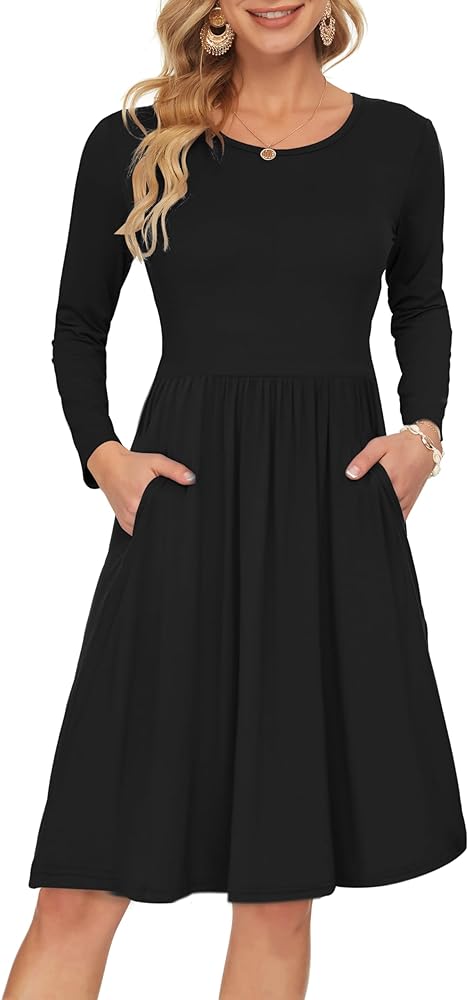 AUSELILY Women's Long Sleeve Pockets Empire Waist Pleated Loose Swing Casual Flare Dress