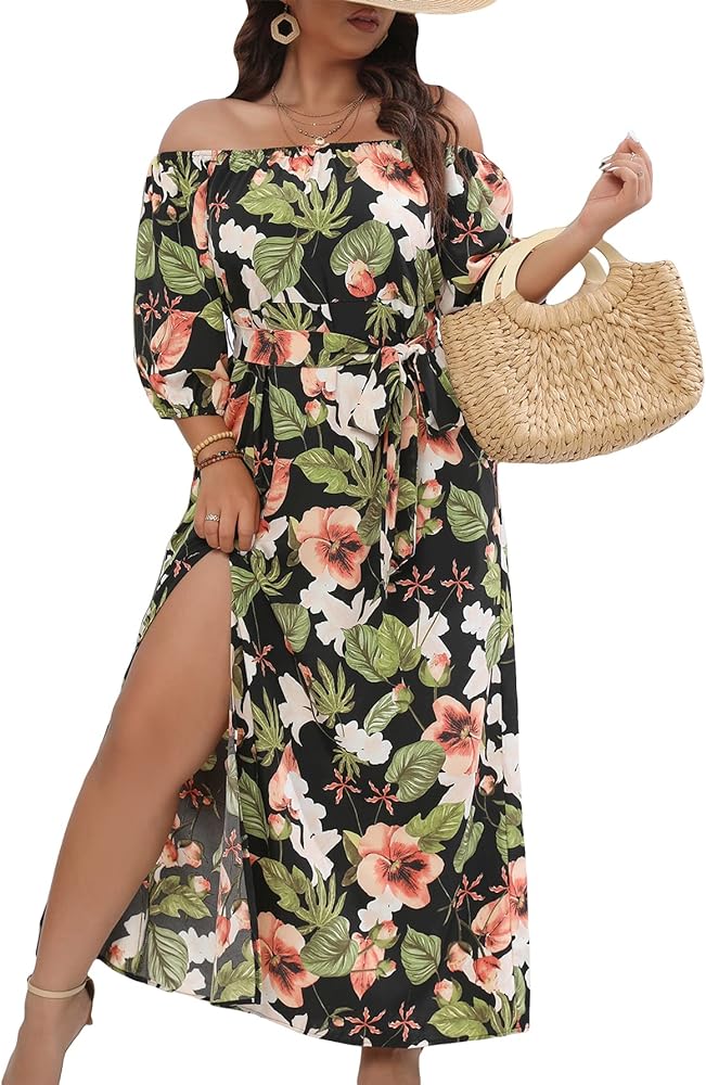 Floerns Women's Plus Size Boho Tropical Print Off Shoulder Belted Slit Long Dress