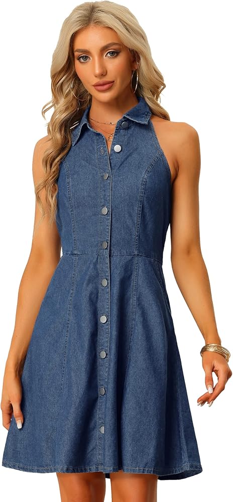 Allegra K Denim Dresses for Women's Button Down Sleeveless Halter Neck Jean Dress