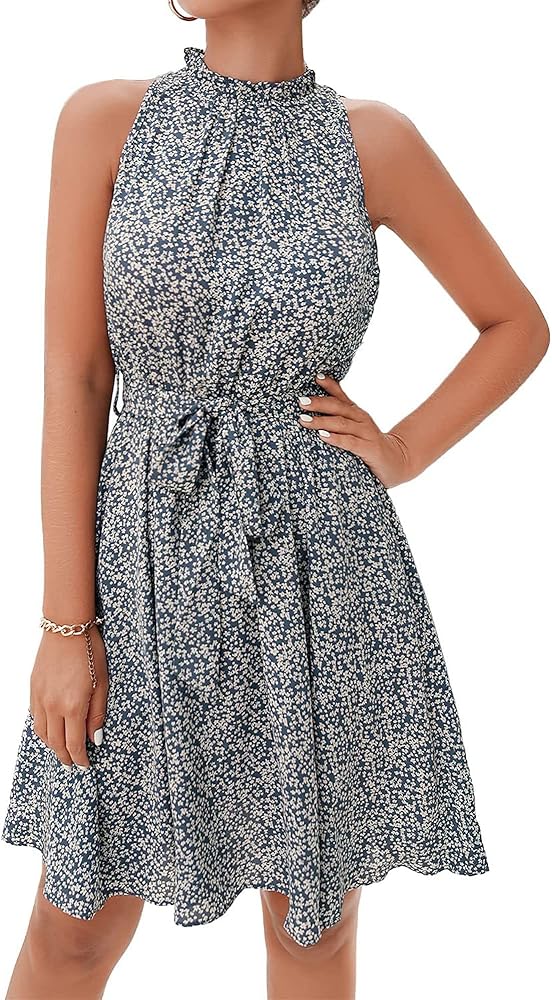 BTFBM Women 2024 Summer Halter Neck Dresses Sleeveless Casual Floral Polka Dot Print Short Boho Ruffle Sundress