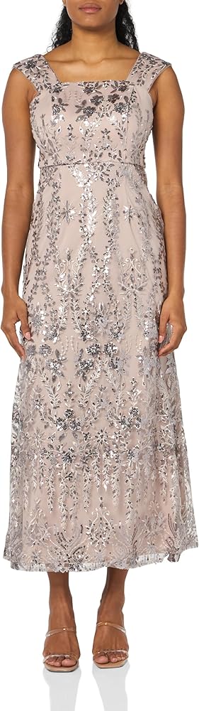 Alex Evenings Women's Petite Long Sleeveless Embroidered Fit and Flare Dress with Square Neckline