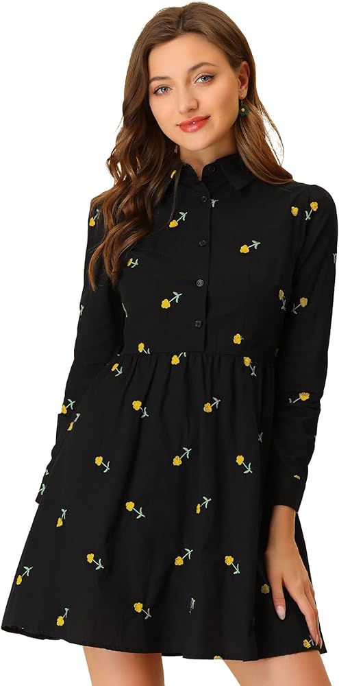 Allegra K Women's Casual Shirt Dress Long Sleeve Half Placket Embroidered Floral Mini Dresses