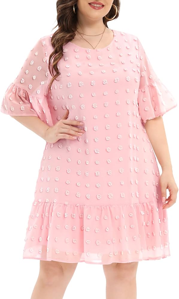 Women's Plus Size Swiss Dot Short Sleeve Ruffle Cute Summer Chiffon Loose Flowy Shift Mini Dress